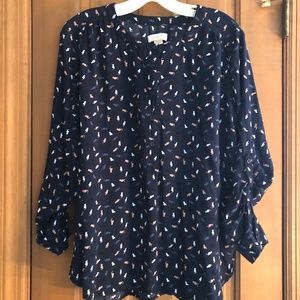 LOFT dark navy blue cat print henley top/blouse, L